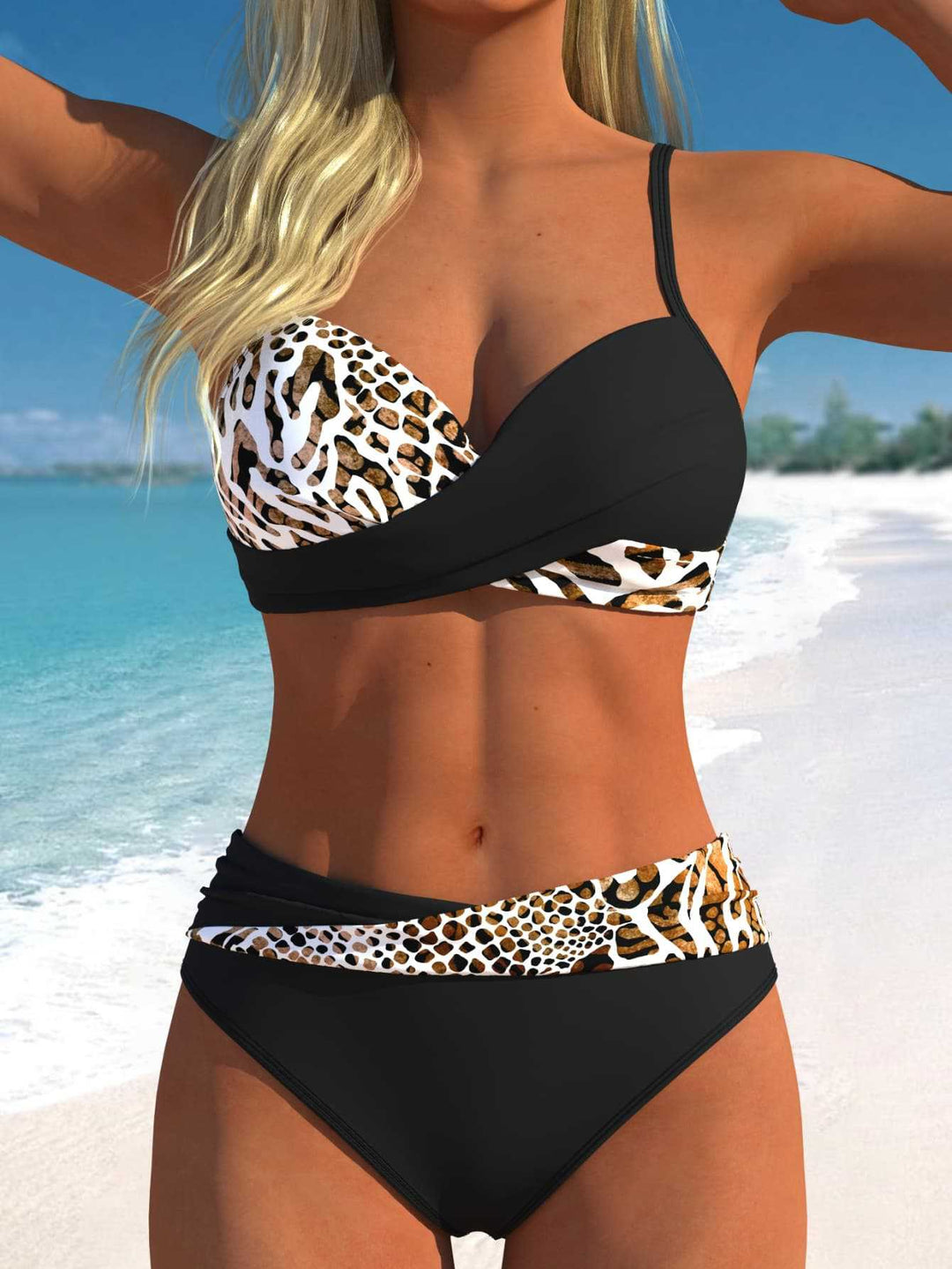 Damen Wickelbikini-Set mit animalischem Muster und hoher Taille Drune