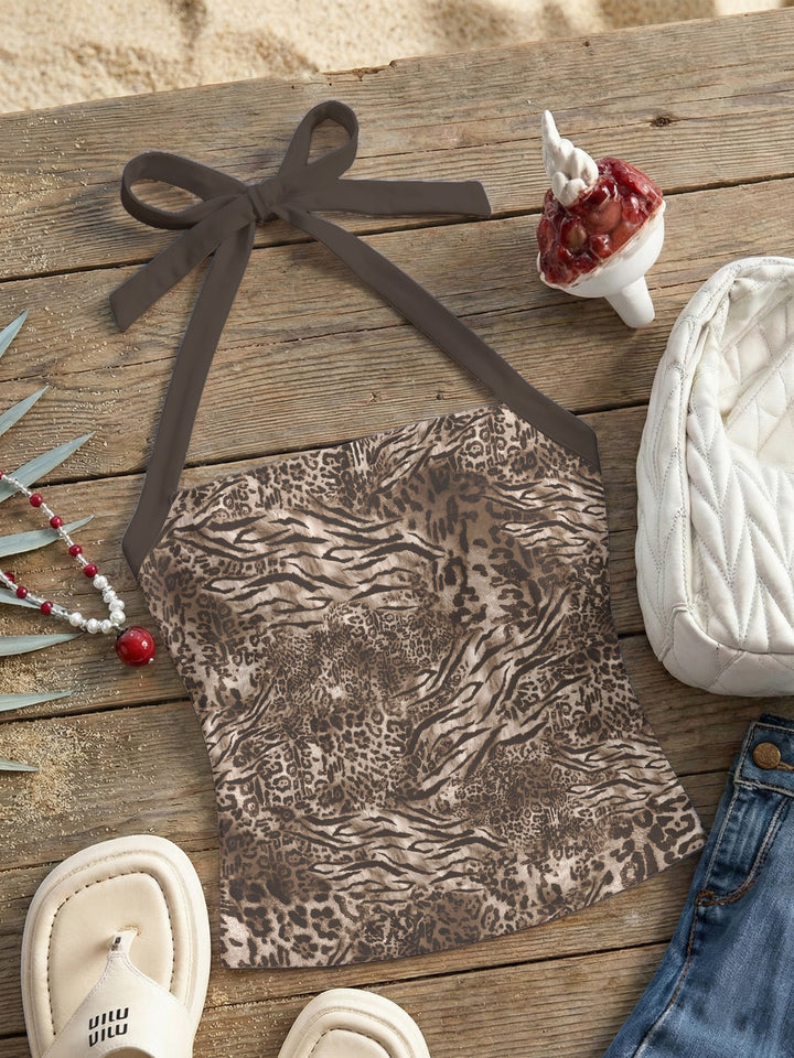 Damen Neckholder Top mit verspieltem Leopardenmuster Drune