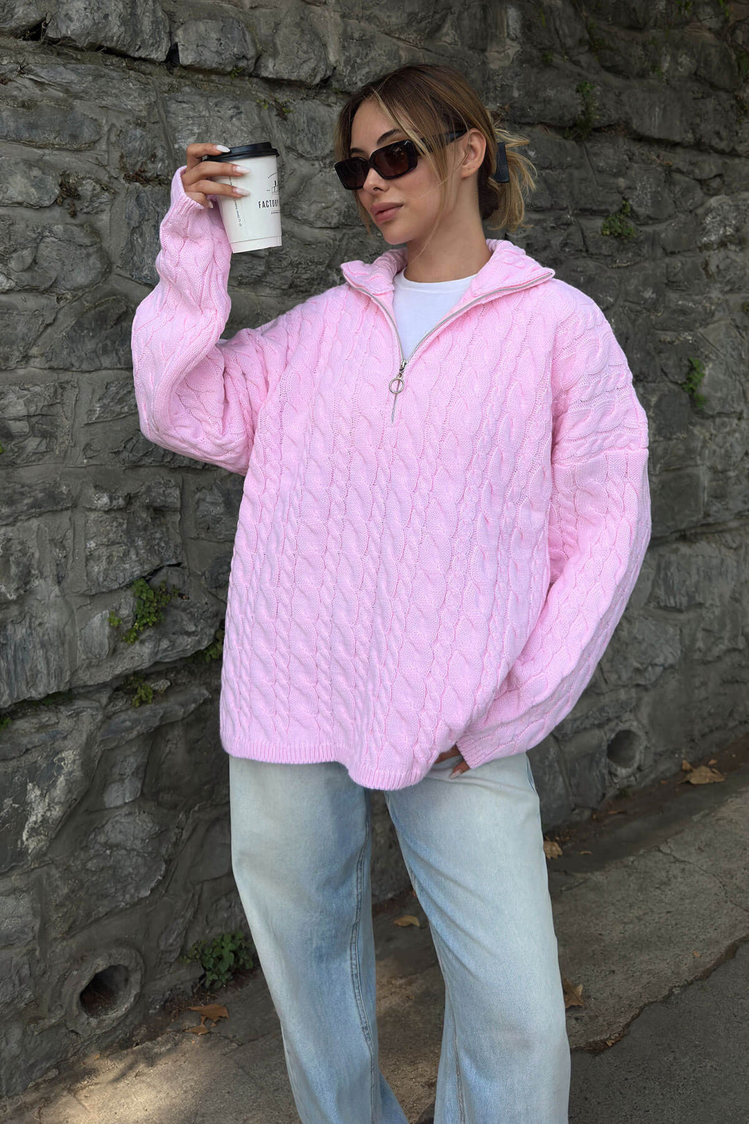 Damen Strickpullover mit halbem Reißverschluss und Zopfmuster Drune