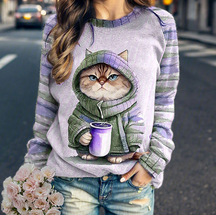 Damen Sweatshirt mit Katzenmotiv Drune
