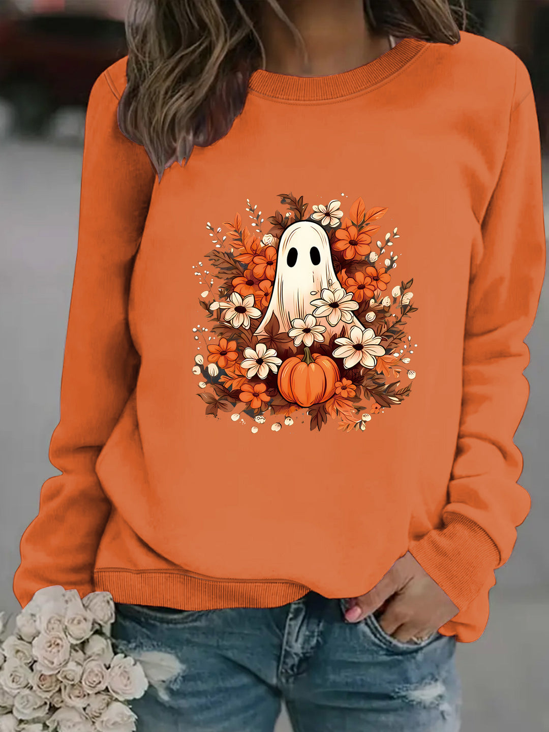 Damen Sweatshirt mit verspielt gruseligem Herbstmotiv Drune