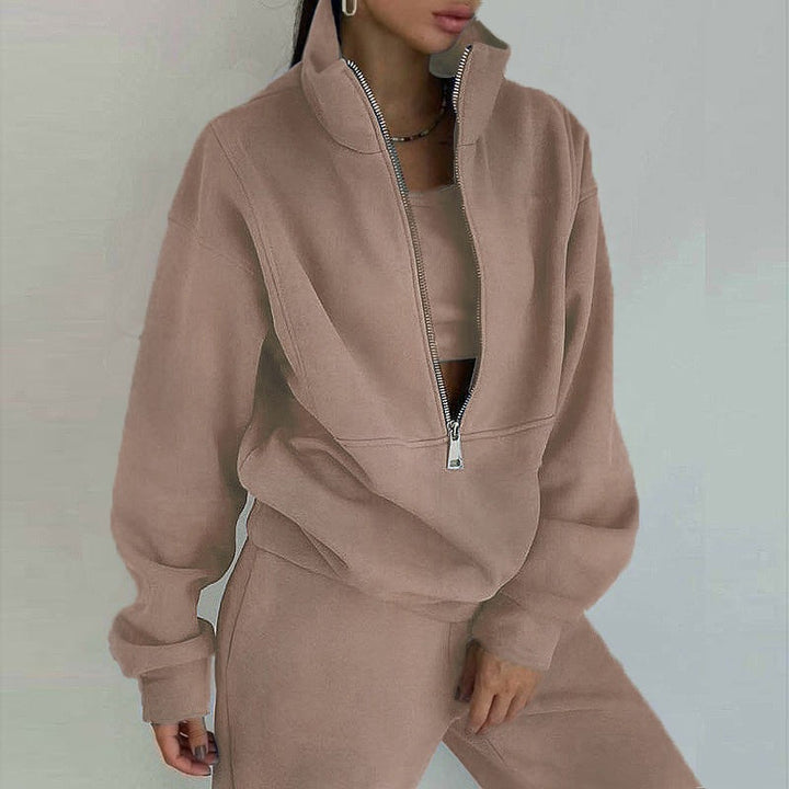 Damen nan kurzes Halbzip-Sweatshirt-und-Jogginghose-Set mit Stehkragen, oversized Schnitt und weichem French-Terry Drune