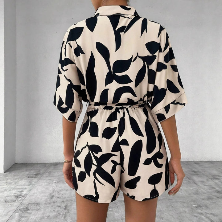 Damen Kurzärmliger Jumpsuit mit floralem Print und Taillengürtel Drune