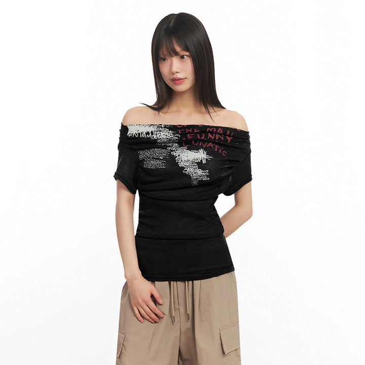 Damen Off-Shoulder Shirt mit grafischem Druck Drune