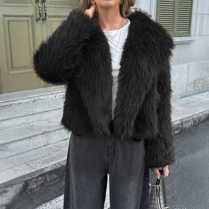 Damen nan kurzer Faux‑Fur‑Mantel mit breitem Stehkragen, dichter Flor und wärmender Innenfütterung Drune