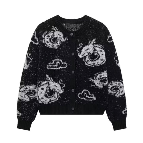 Damen Gemusterte Strickjacke mit Drachenmotiv und Knopfverschluss Drune