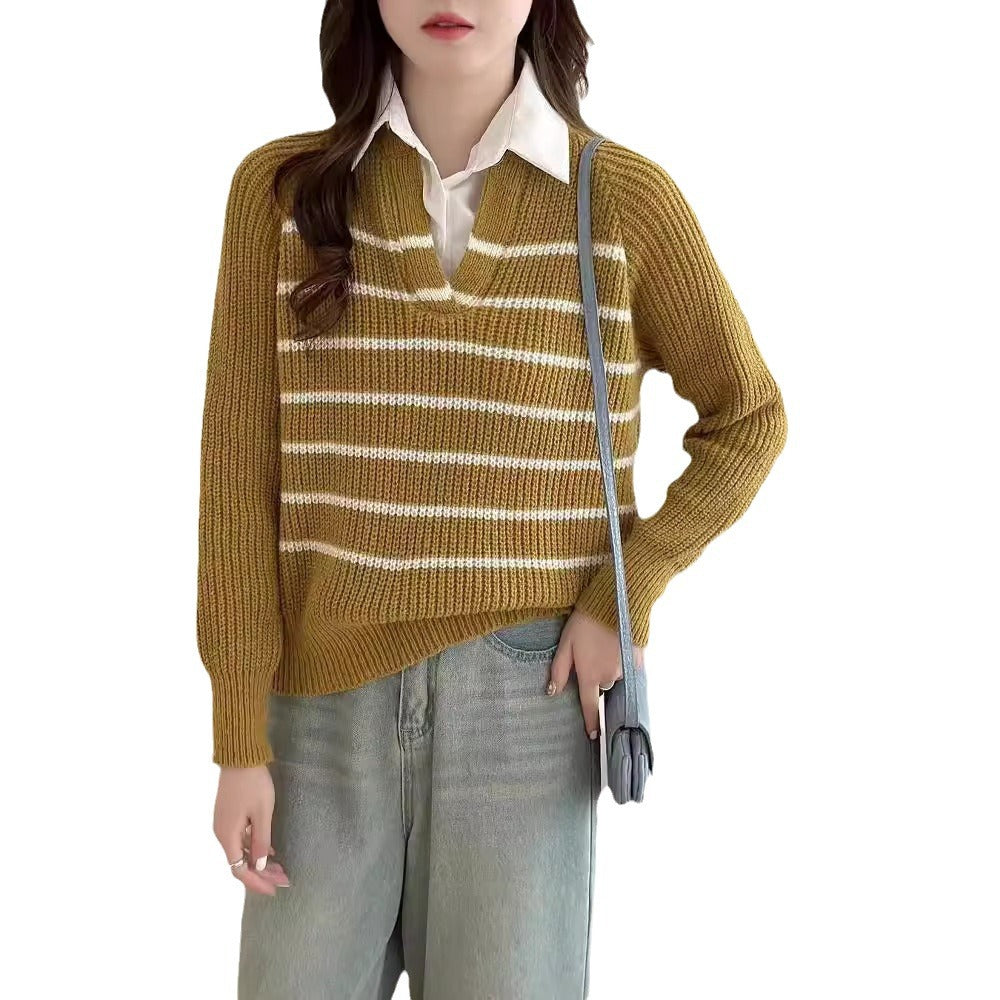 Damen Strickpullover mit V-Ausschnitt und gestreiftem Design Drune