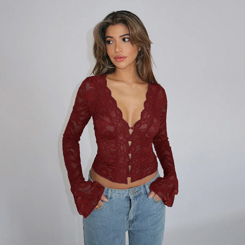 Damen Spitzenbluse mit tiefem V-Ausschnitt und langen Ärmeln Drune