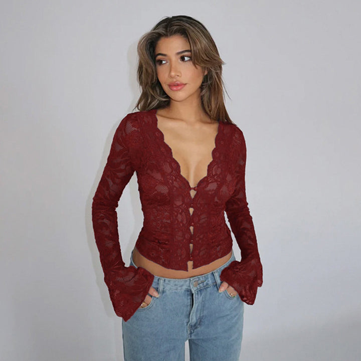 Damen Spitzenbluse mit tiefem V-Ausschnitt und langen Ärmeln Drune