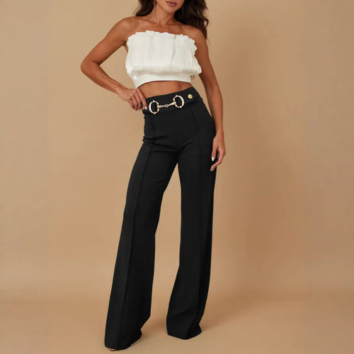 Damen weite Hochtaillenhose mit dekorativem Gürtel und eleganter Nahtführung Drune