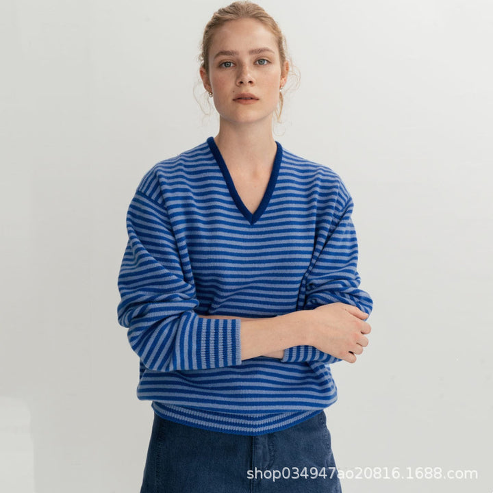 Damen Feinstrickpullover mit V-Ausschnitt und Streifenmustern Drune