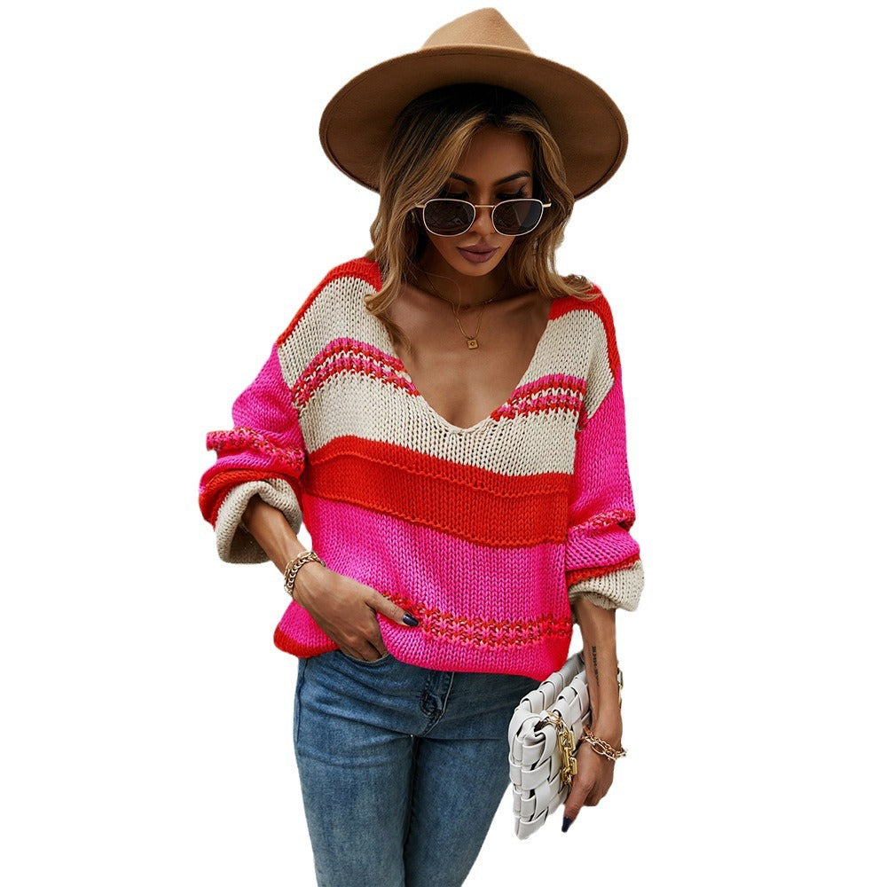 Damen Pullover im lässigen Strickdesign mit V-Ausschnitt und Farbblöcken Drune