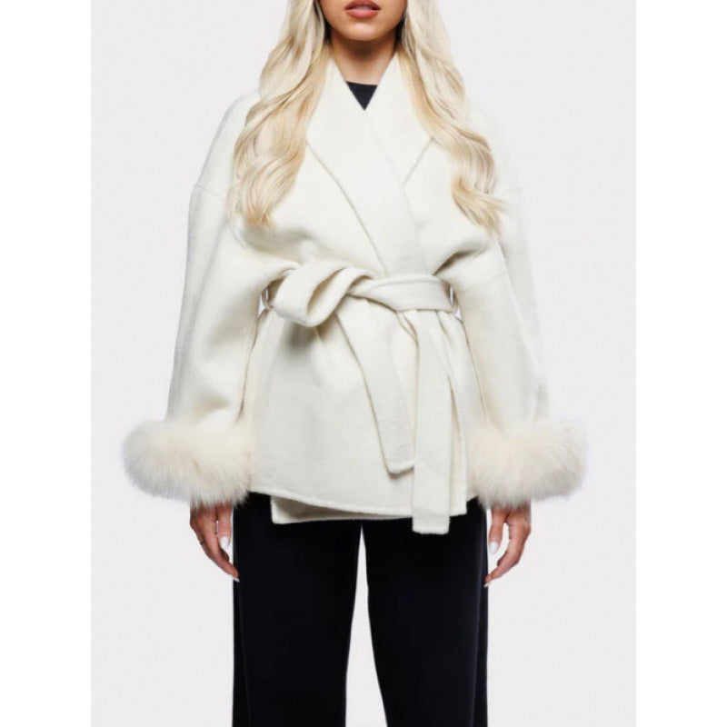 Damen elegante Kapuzenjacke mit Kunstpelzbesatz Drune