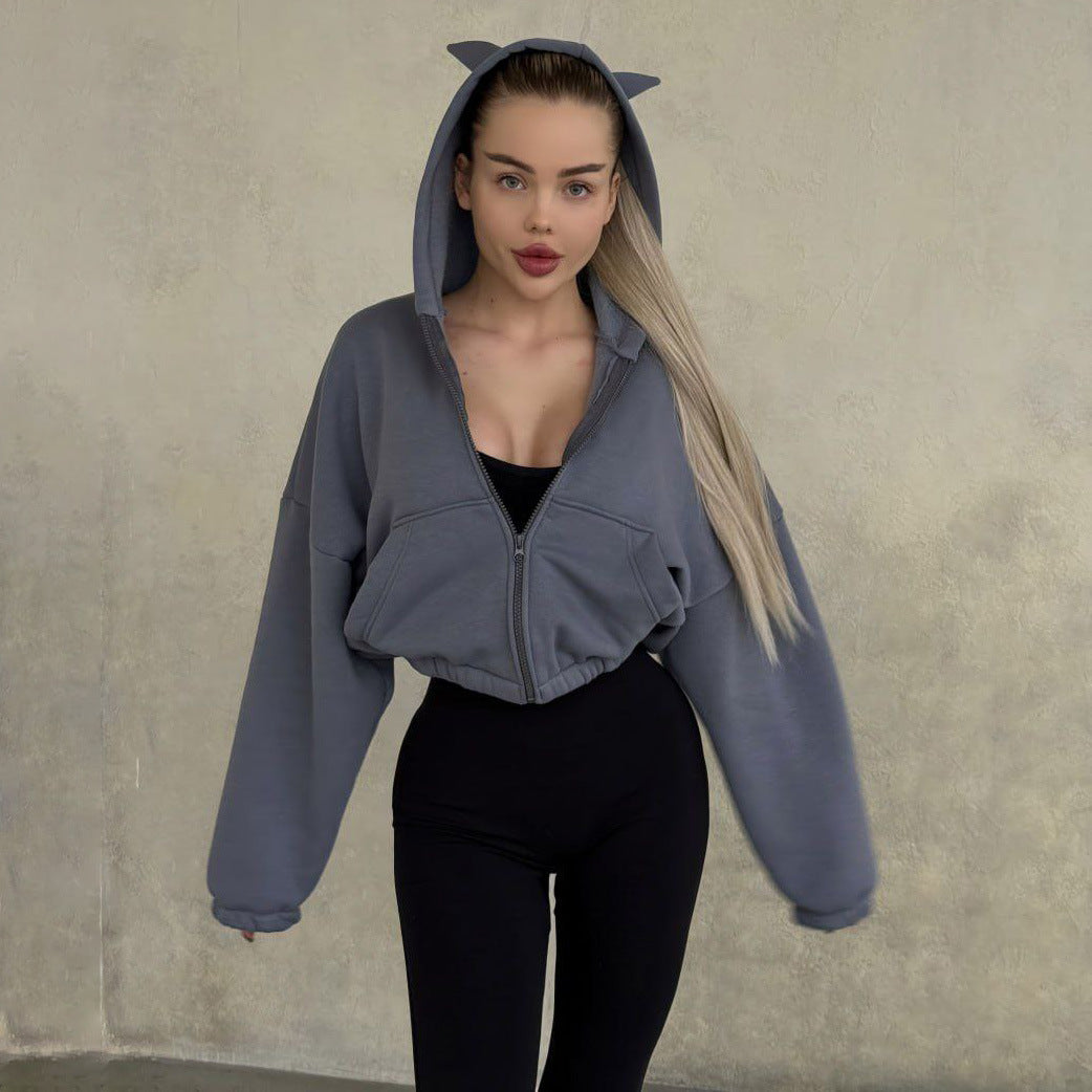 Damen cropped Kapuzenjacke mit einzigartigem Ohren-Design Drune