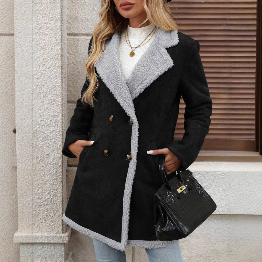 Damen Modische Oversized-Jacke mit Teddyfutter und doppelter Knopfleiste Drune