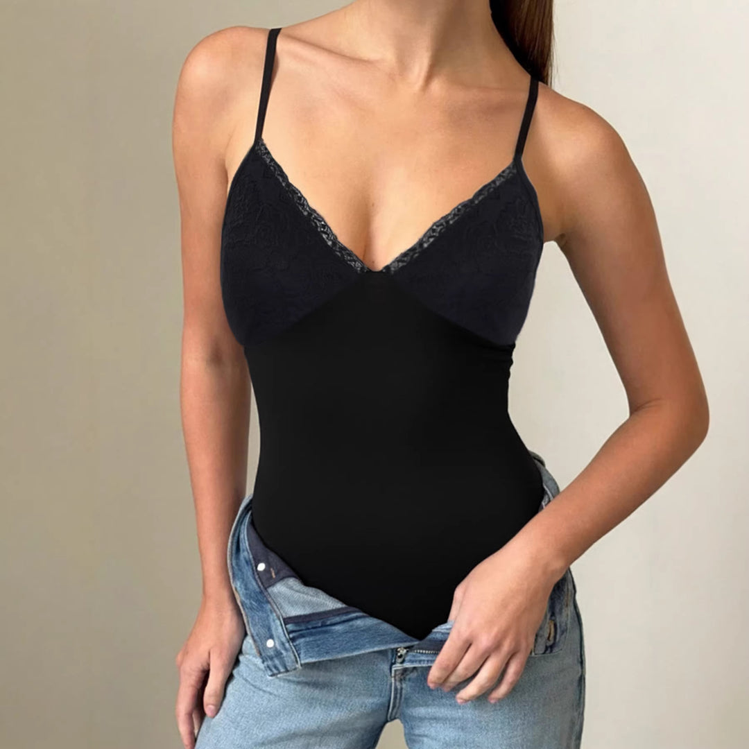 Damen eleganter Spitzen-Bodysuit mit feinen Trägern Drune