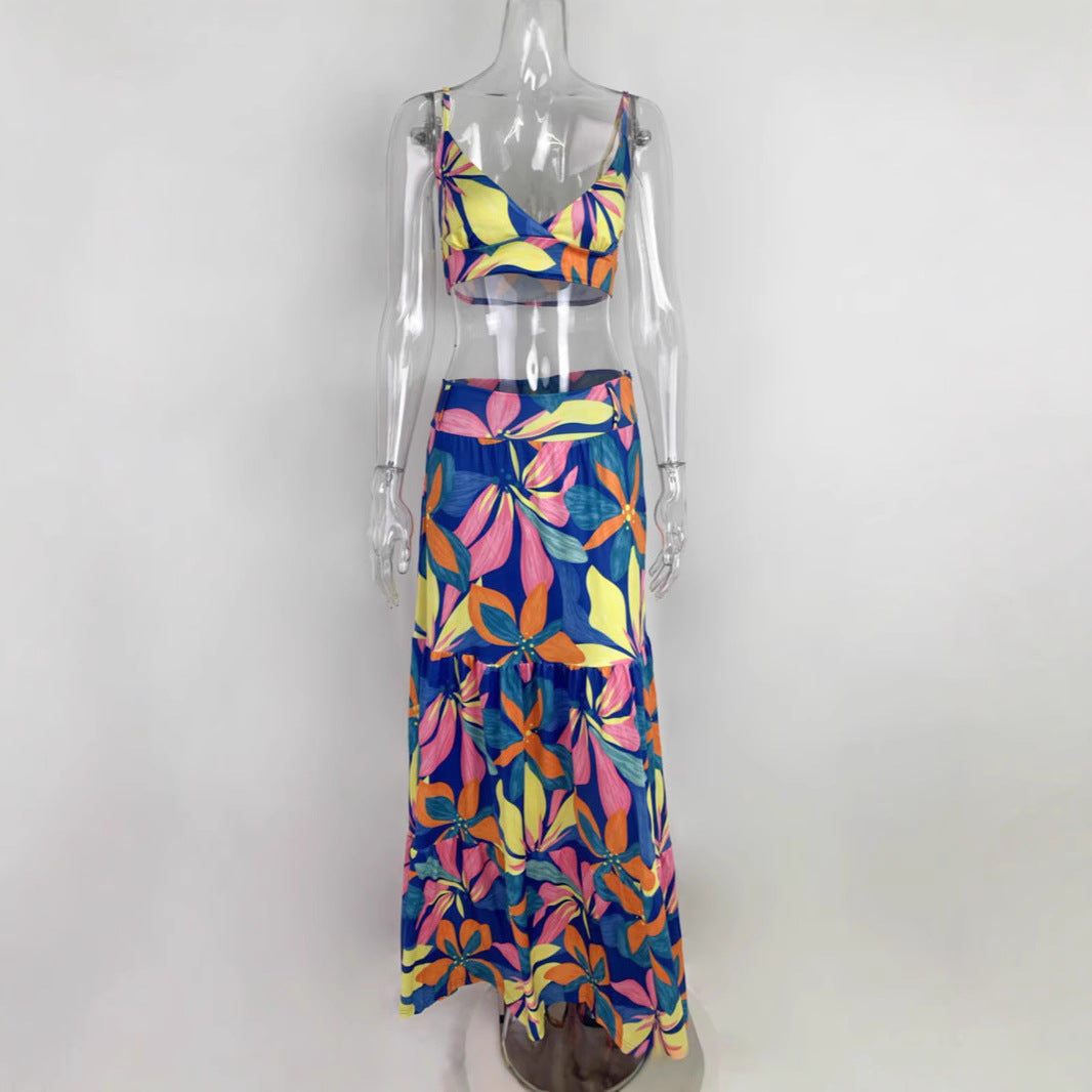 Damen Maxikleid mit floralem Design und verziertem V-Ausschnitt Drune