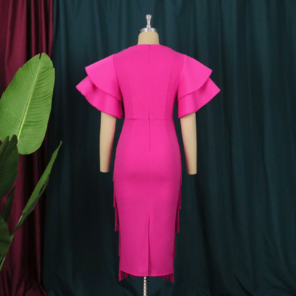 Damen Cocktailkleid mit voluminösen Rüschenärmeln und Fransen-Saum Drune