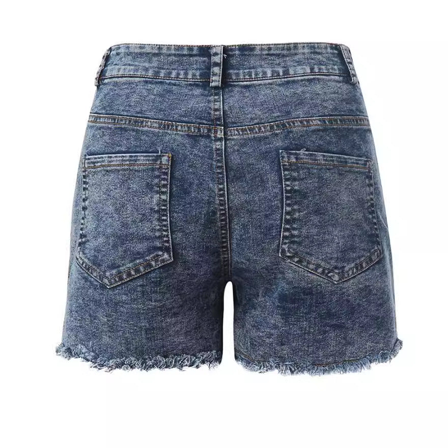 Damen hoch taillierte Denim-Shorts mit fransigem Saum Drune