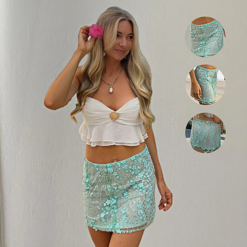 Damen kurzer Rock mit funkelnden Pailletten und boho-inspiriertem Design Drune