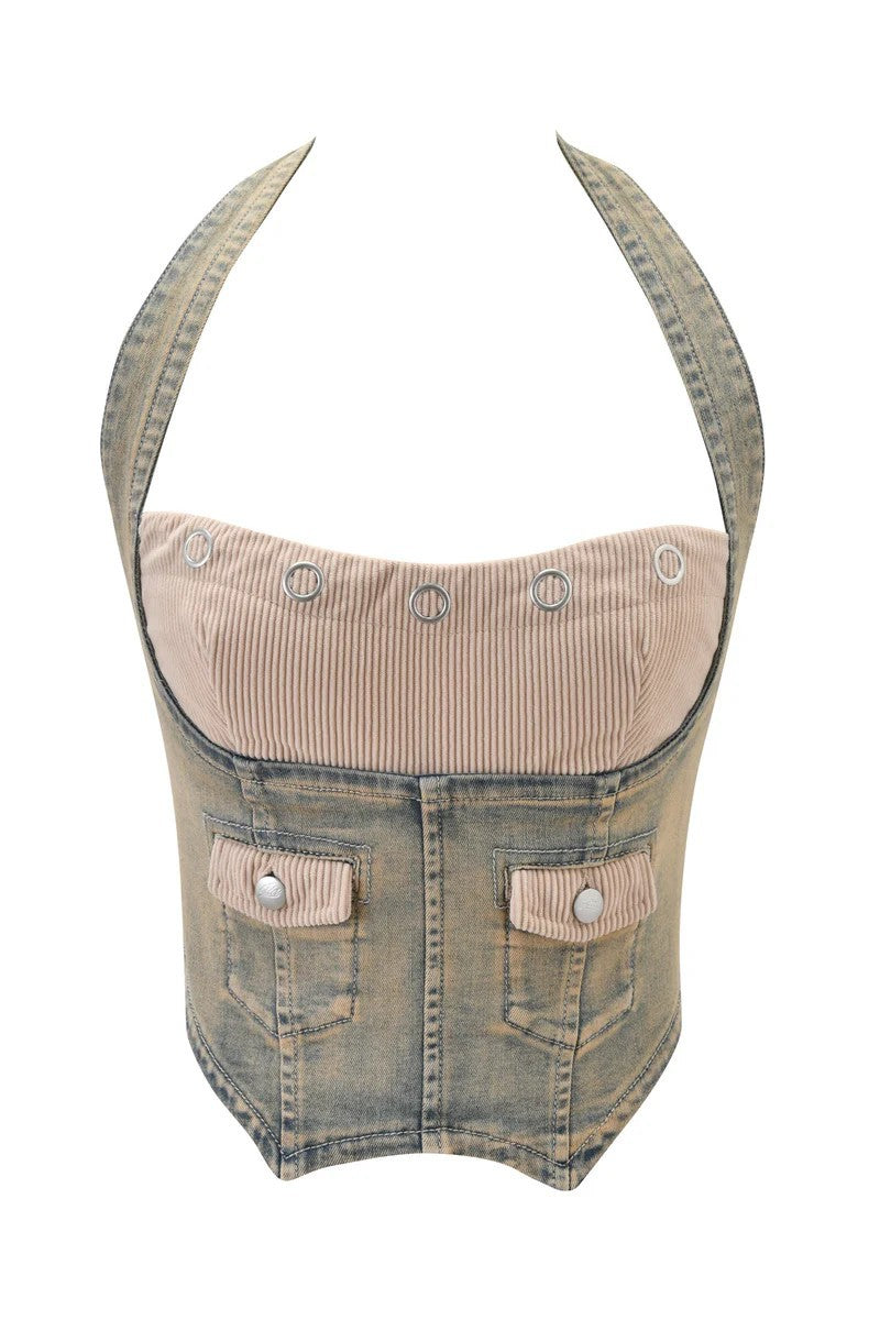 Damen Denim Bustier mit Cord-Ausschnitt Drune