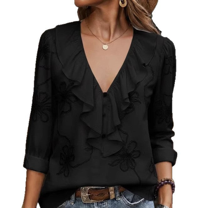 Damen elegante Bluse mit Volant und floralem Stickmuster Drune