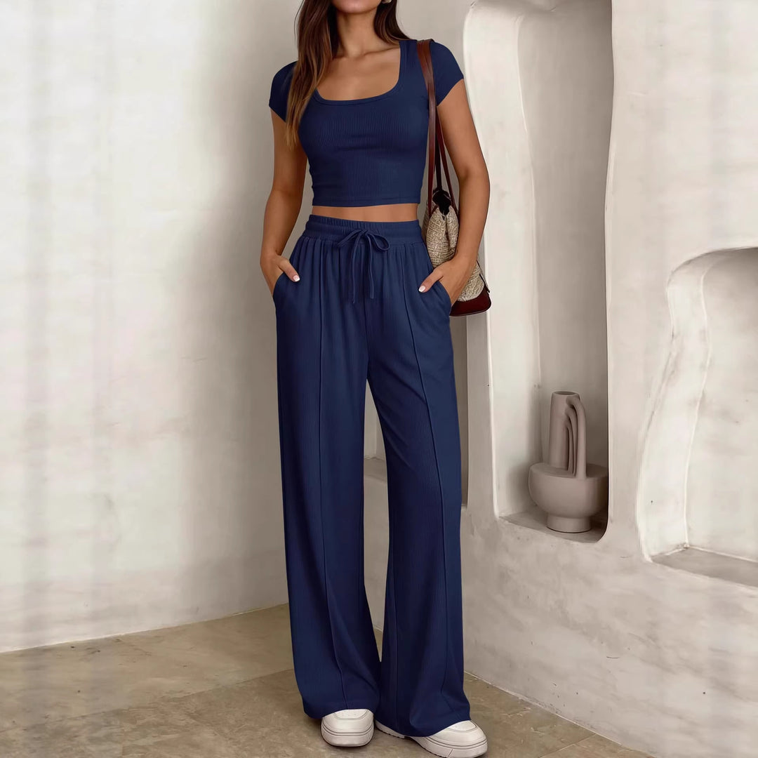 Damen lässiges Cropped-Top und weite Hose Set Drune