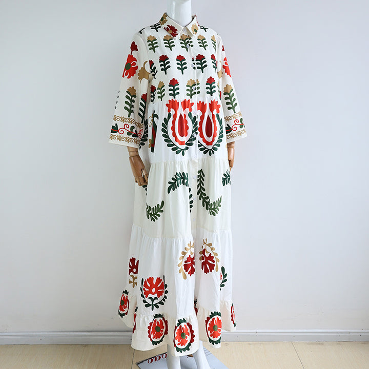 Damen Langarm-Teilkaro Kleid mit floralen Stickereien Drune