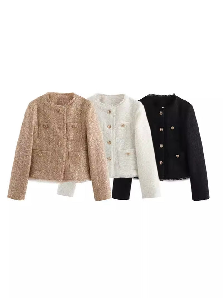 Damen elegante Tweed-Jacke mit Fransen und dekorativen Knöpfen Drune