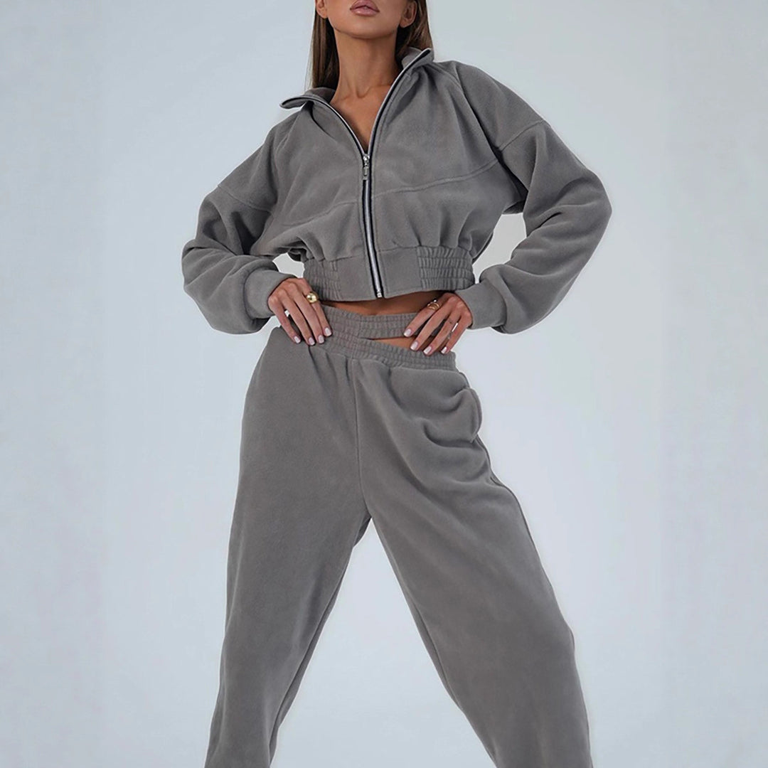 Damen Sportfreizeitanzug mit Cropped Jacke und elastischem Bund Drune