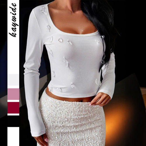 Damen nan figurbetontes Rippstrick-Longsleeve mit tiefem Quadrat-Ausschnitt Drune