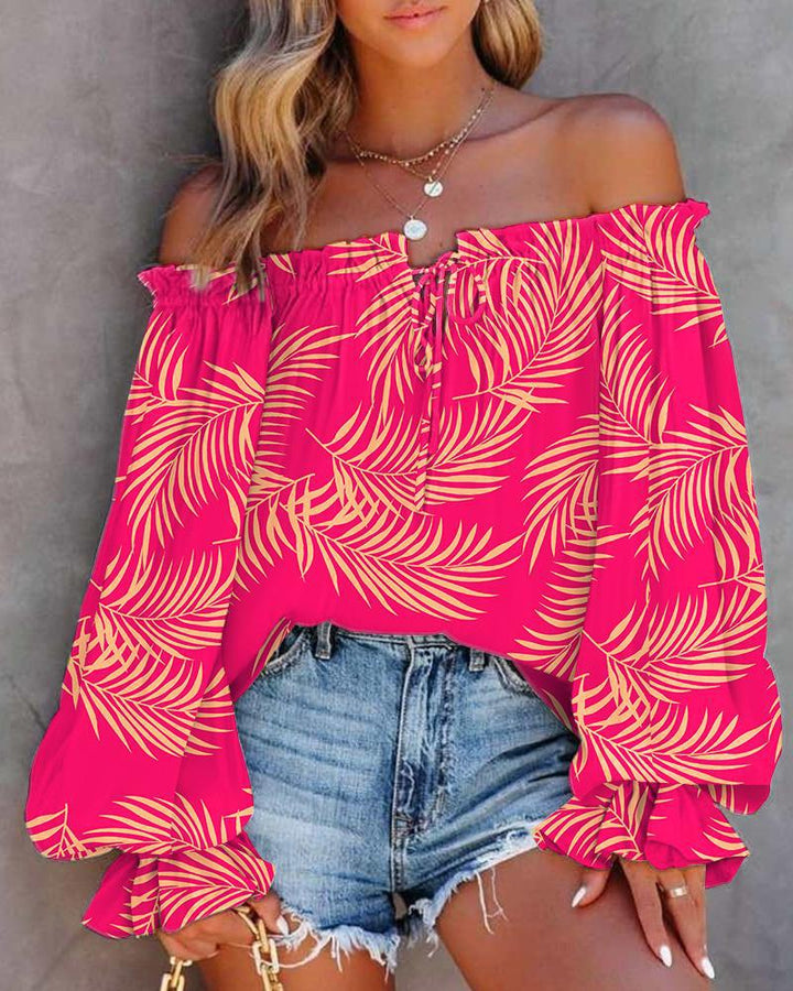Damen Off-Shoulder Bluse mit voluminösen Ärmeln und Knoten-Detail Drune