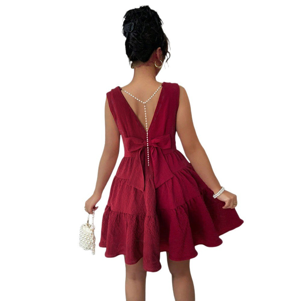 Damen luftiges Sommerkleid mit schickem V-Ausschnitt und Rüschensaum Drune