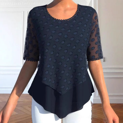 Damen nan Tüllbluse mit bestickten Punkten, halbtransparenten Ärmeln und asymmetrischem Stufensaum Drune