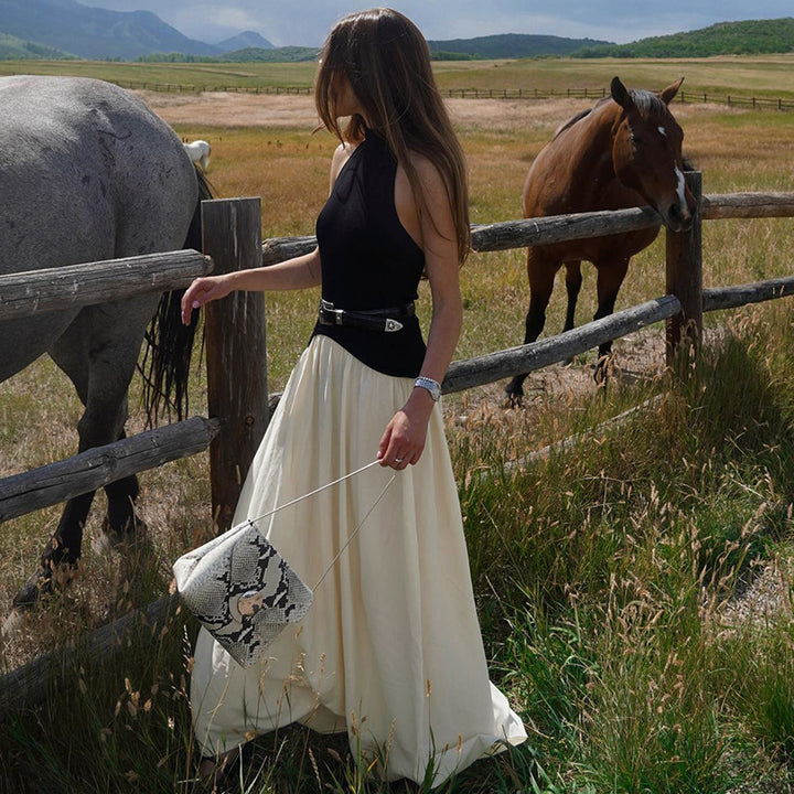 Damen Elegantes Maxikleid mit hochgeschlossenem Design und zwei Farbdetails Drune