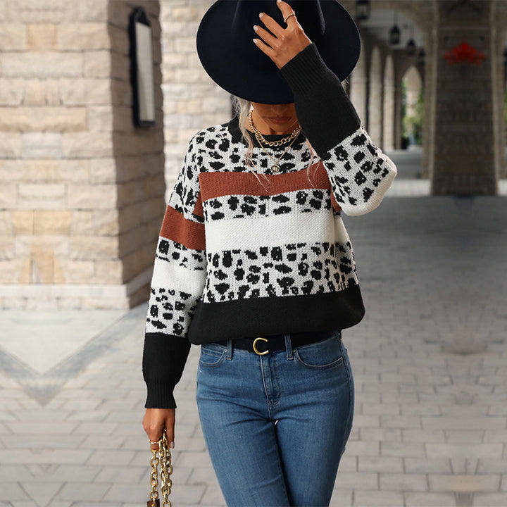 Damen gemusterter Strickpullover mit modischem Farbblockdesign und einzigartigem Animal-Print Drune