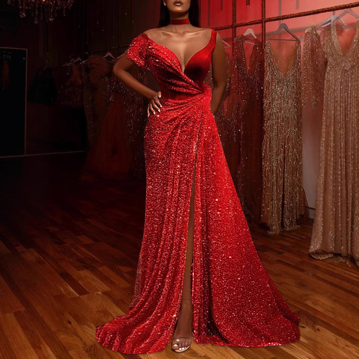 Damen Glamouröses Abendkleid mit schimmernden Pailletten und hohem Schlitz Drune