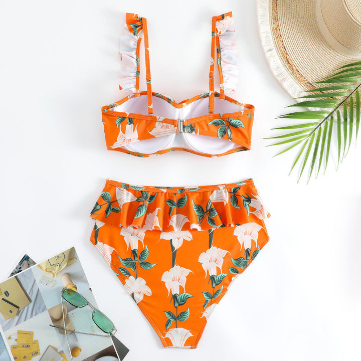 Damen Bikini-Set mit floralem Rüschendesign und elegantem Wickelrock Drune