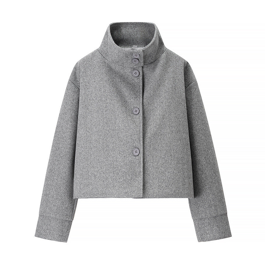 Damen nan cropped Wollmix-Jacke mit hohem Stehkragen, kastiger Passform und verdeckter Knopfleiste Drune