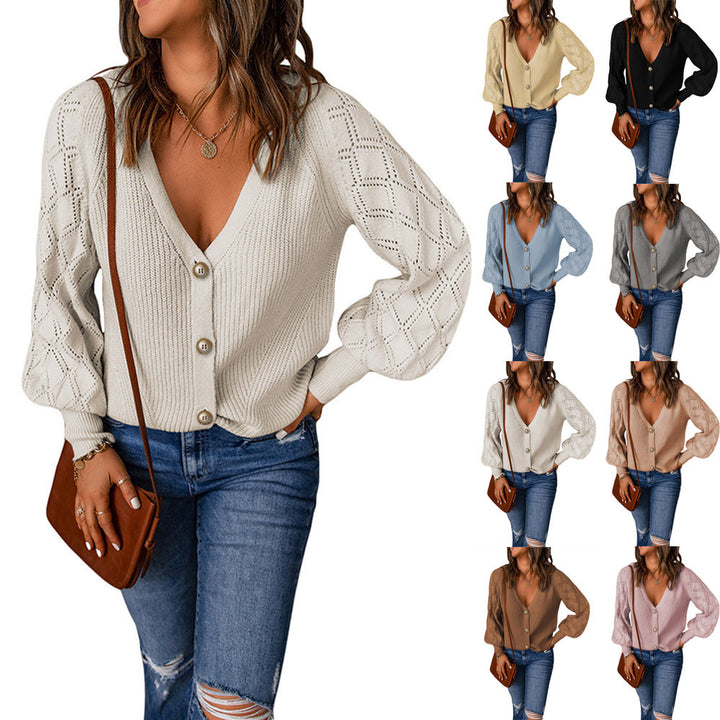 Damen Strickjacke mit V-Ausschnitt und Puffärmeln Drune