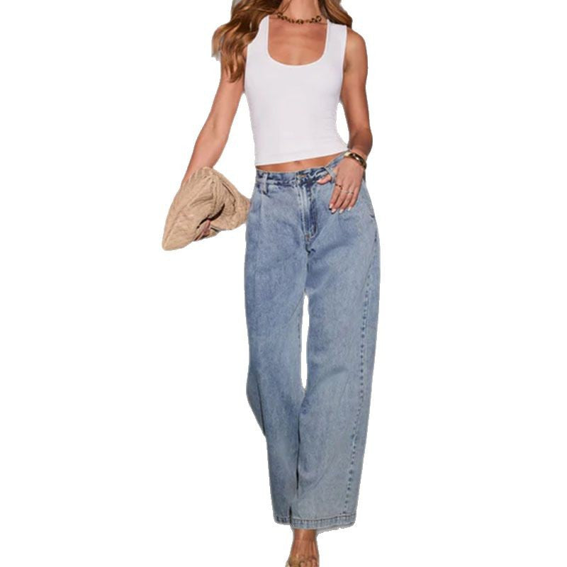 Damen weit geschnittene Denim-Jeans im lässigen Stil mit hohem Bund Drune