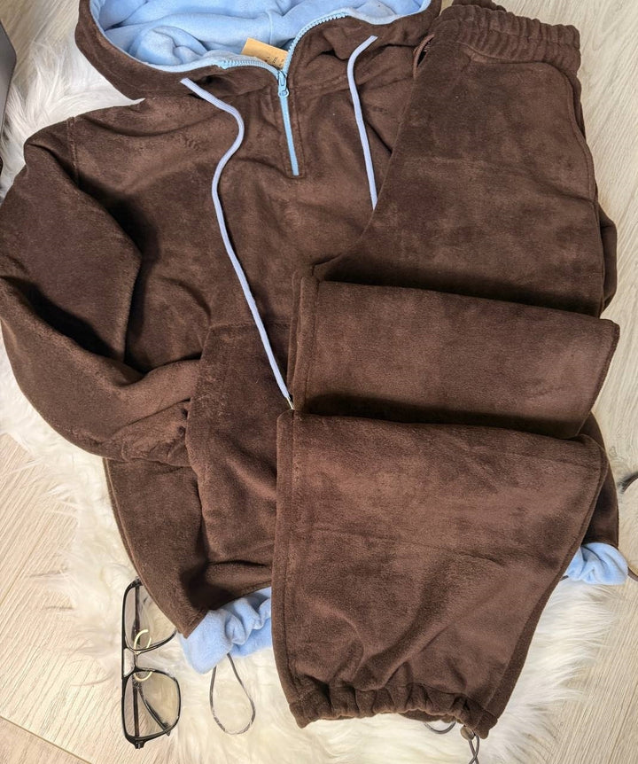 Damen kuscheliger Fleece-Jogginganzug mit hohem Kragen undKordelzug Drune