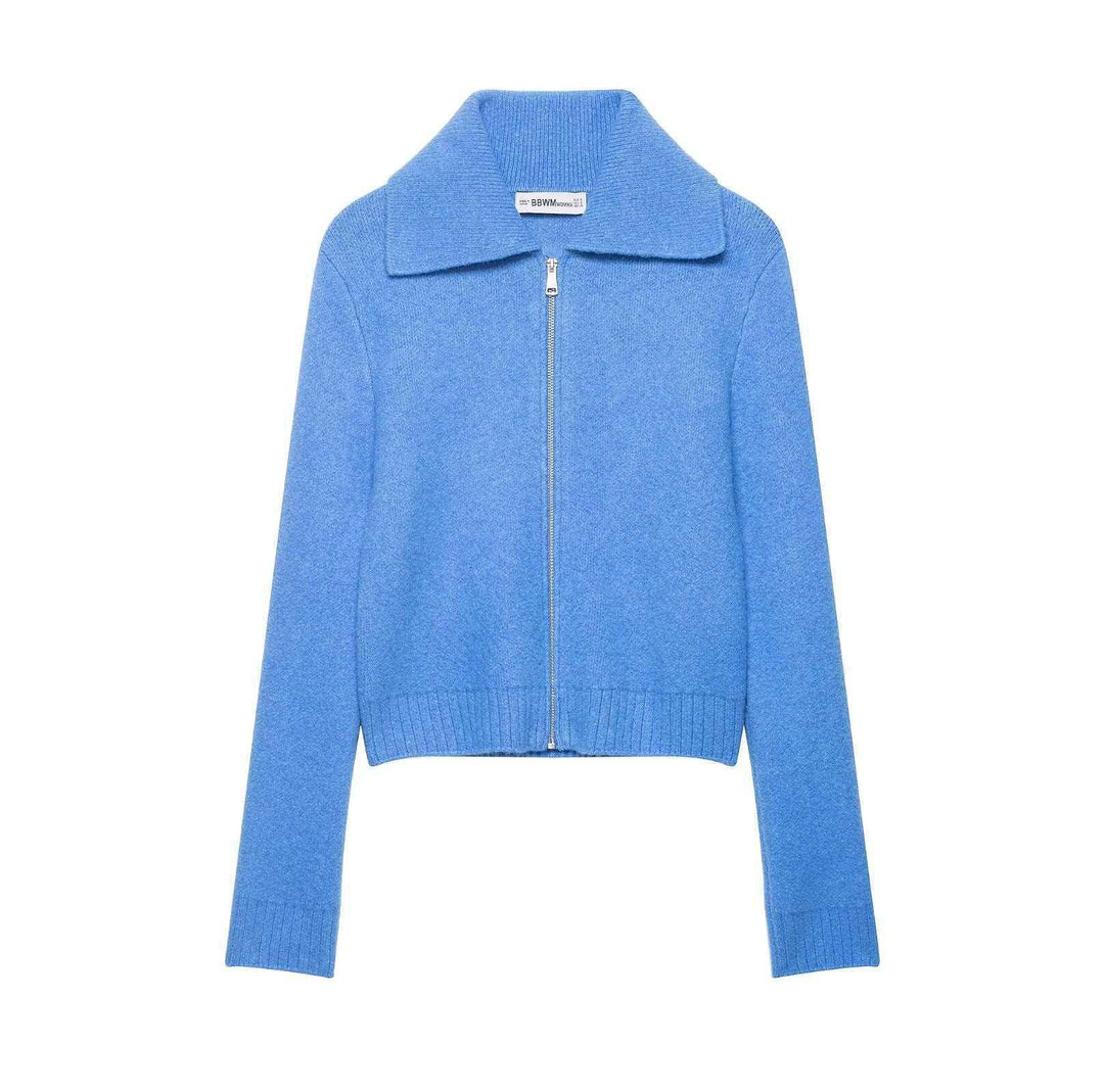 Damen nan kurz geschnittene Strickjacke mit Reißverschluss, breitem Umlegekragen und Rippbund Drune
