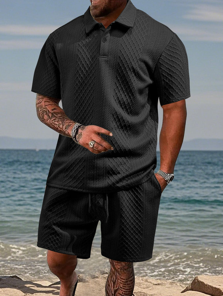 Herren nan geprägtes Strand-Ensemble mit offenem Kurzarm-Hemd und Kordel-Bermuda Drune