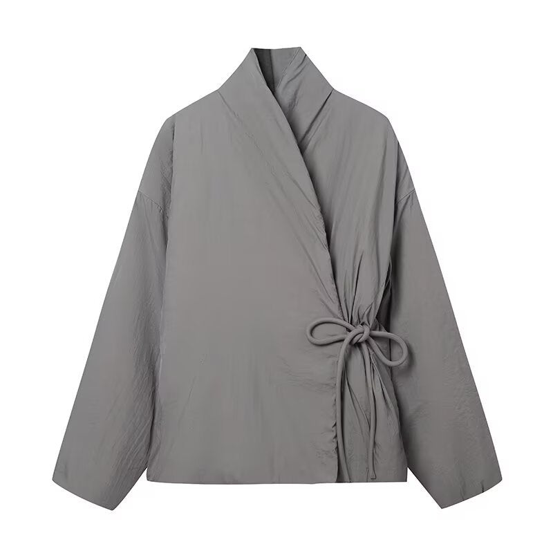 Damen modulare Wickeljacke mit taillierbarem Design und hohem Kragen Drune