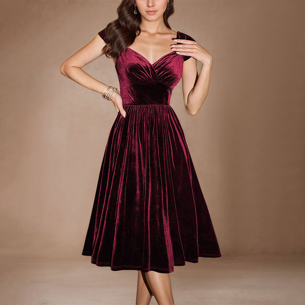 Damen Midi-Kleid aus luxuriösem Samt mit tiefem V-Ausschnitt und eleganter Taillierung Drune