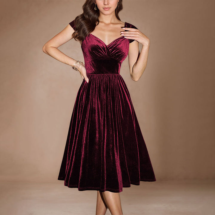 Damen Midi-Kleid aus luxuriösem Samt mit tiefem V-Ausschnitt und eleganter Taillierung Drune
