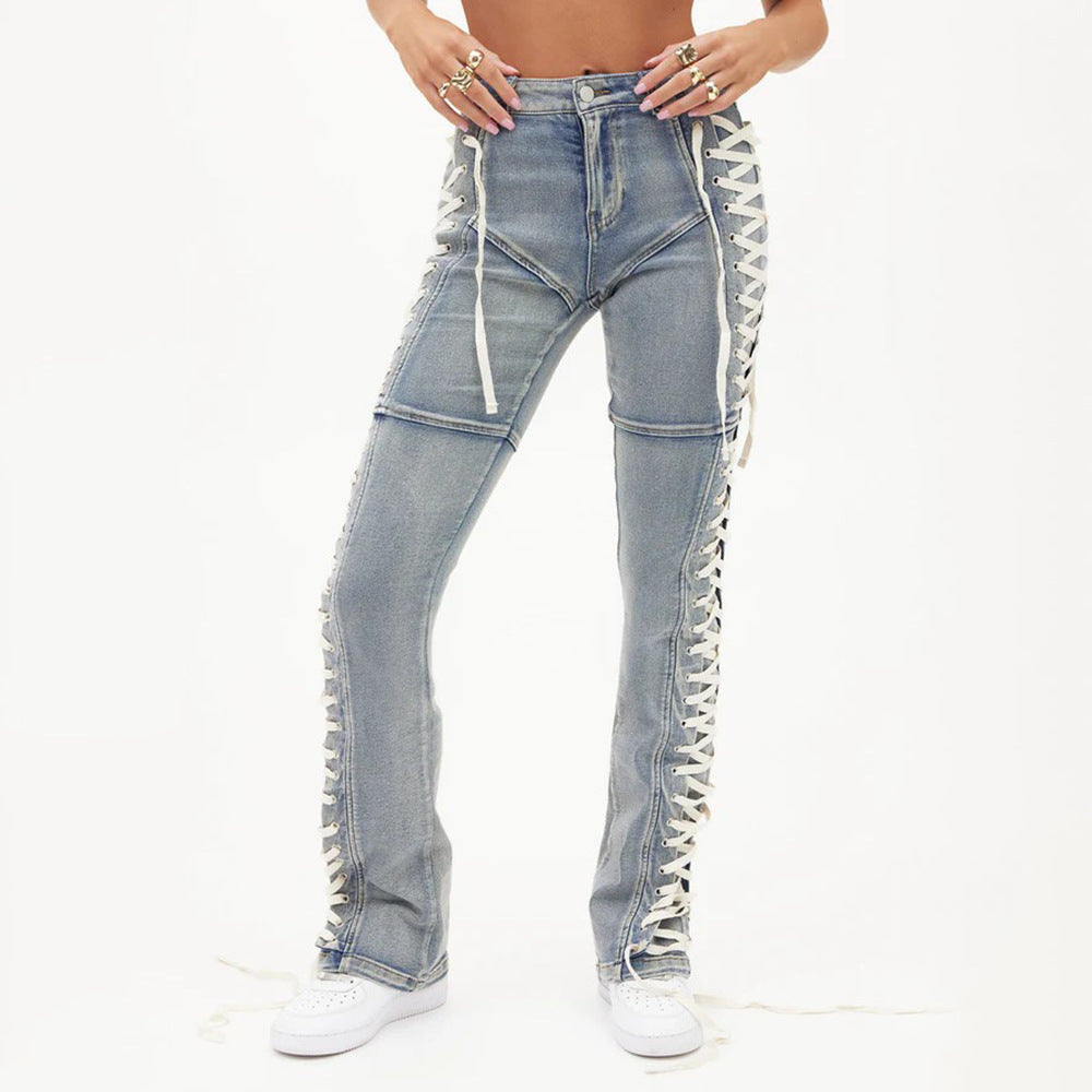 Damen Bootcut-Jeans mit dekorativen Schnürdetails Drune