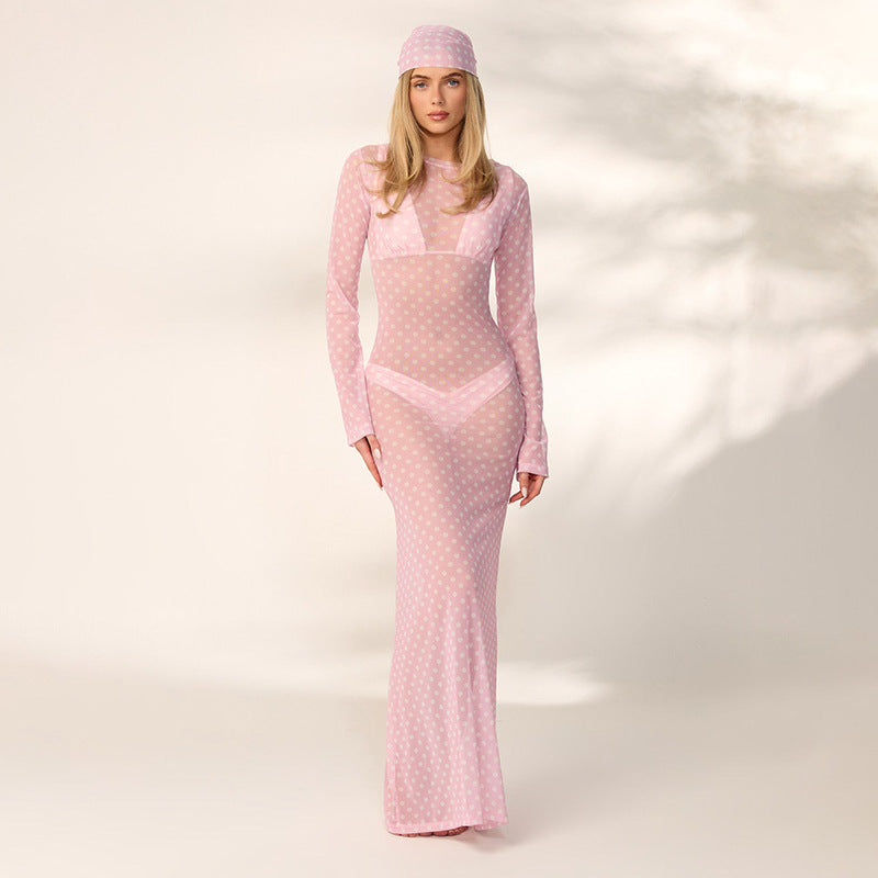 Damen transparentes Langarmkleid mit modischem Punktmuster Drune