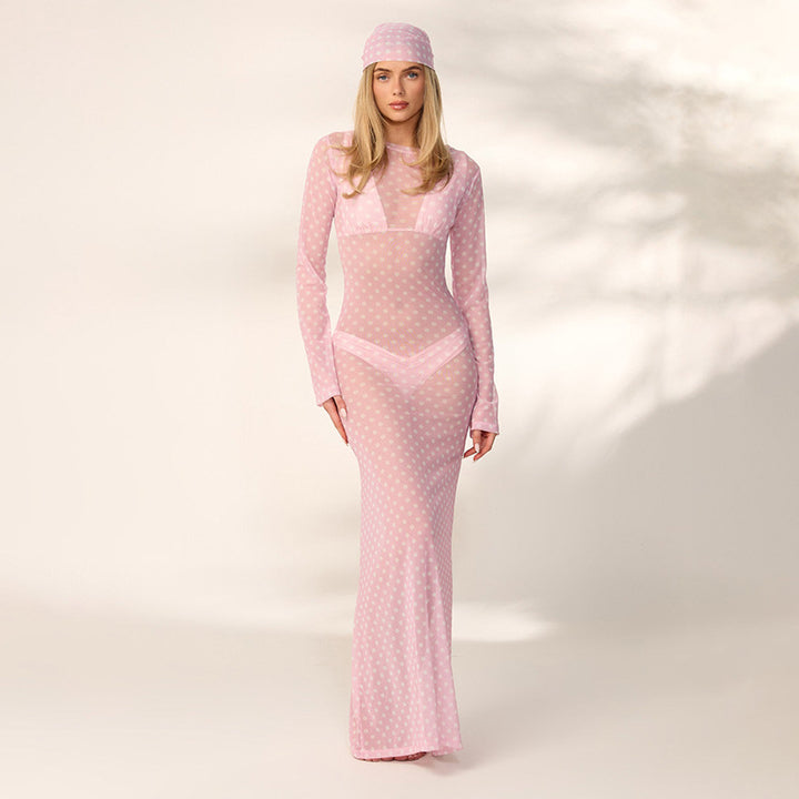 Damen transparentes Langarmkleid mit modischem Punktmuster Drune